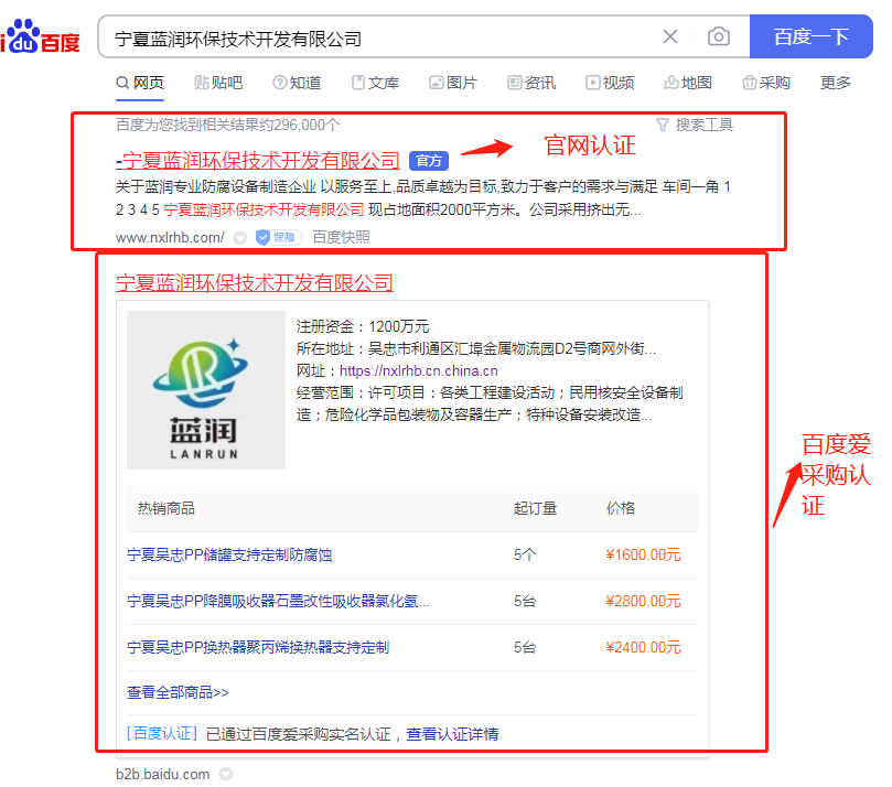 恭喜“宁夏蓝润环保技术开发有限公司”百度推广、官网认证、百度爱采购、百度企业名片上线’